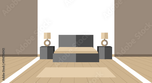 A modern bedroom interior in a minimalist design in neutral tones with negative space above. Flat architectural illustration.