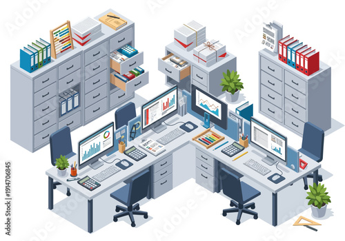 Modern office workspace with multiple computer workstations and storage units in an isometric view