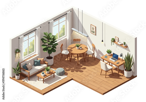 Isometric view of a modern living room and dining area with furniture and plants in a bright white house