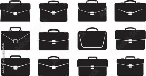 Collection of black briefcases on white background vector illustration