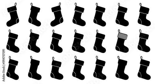 Collection of black christmas stockings with varied designs on white background for holiday decoration