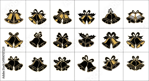 Collection of black and gold christmas bells with ribbons festive holiday decorations