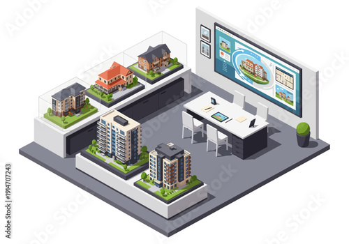 Isometric illustration of a modern office space with buildings and a large screen display on the wall