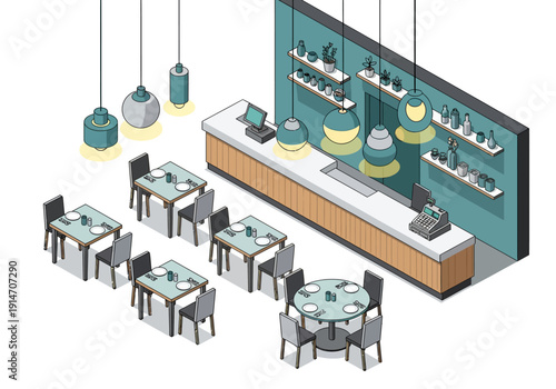 Modern coffee shop interior with tables, chairs, bar counter, pendant lights, and decorative elements viewed from above.