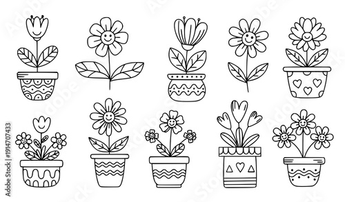 Hand-drawn cute potted flowers vector set playful floral doodles for posters and cards