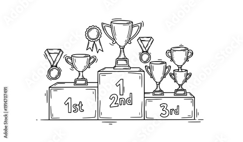 Doodle trophy podium vector set hand-drawn winner cups medals 1st 2nd 3rd place
