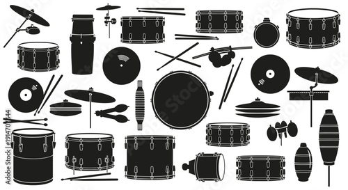 Drum set components and accessories arranged on a white background including bass drums toms cymbals snare drums and drumsticks
