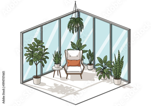 A serene illustration of a cozy sunroom with lush plants, a comfortable chair, and soft natural light from multiple large windows.