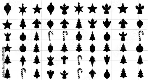 Collection of black christmas ornaments stars trees and candy canes arranged in grid pattern on white background with subtle grid lines