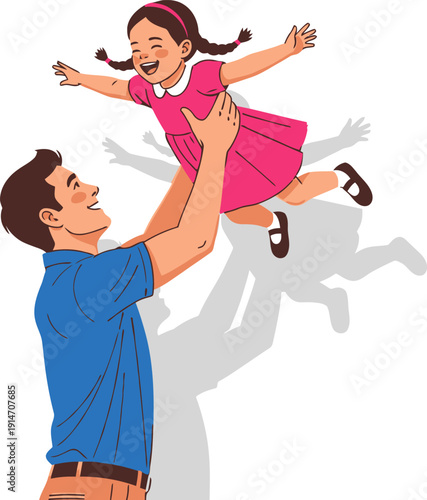 Father playfully tossing young daughter in the air with joyful expression.