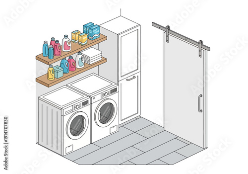 Laundry room with washing machines, dryer, storage shelves, and sliding door, viewed from an angle.