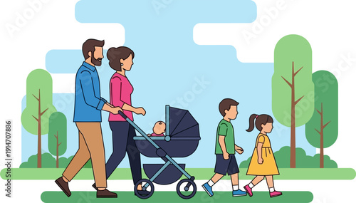 Happy family walking together in a park on a sunny day.