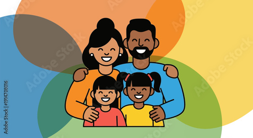 Happy cartoon family with children giving thumbs up together.