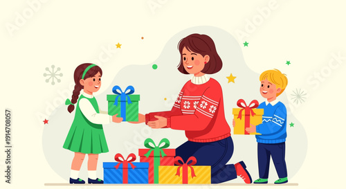 Mother giving Christmas gifts to her children with festive decorations.