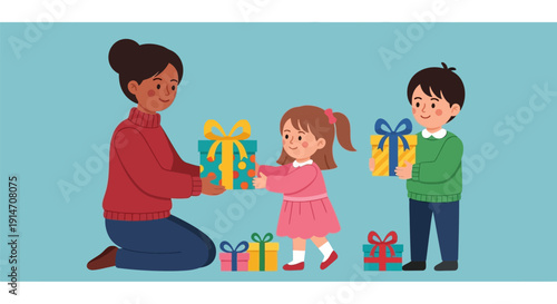 Mother giving gifts to her children on a special occasion.