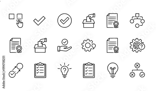 Option and Checkmark Line Icon Set with Choice Selection and Problem Solving Symbols