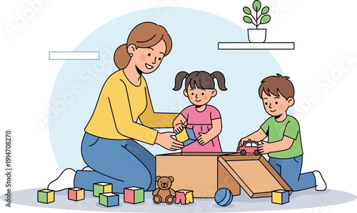 Mother playing with her two children using wooden blocks and toys on the floor.