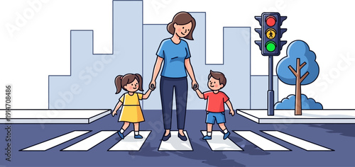 Mother holding hands with children crossing road at pedestrian crossing.