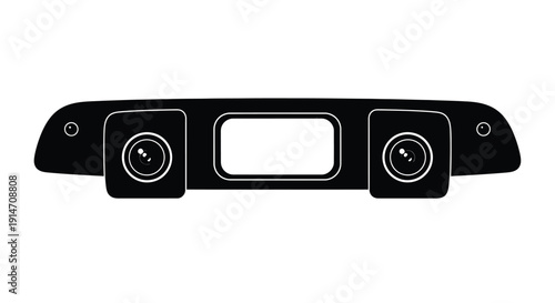 Black dashboard camera with dual lenses and central display screen