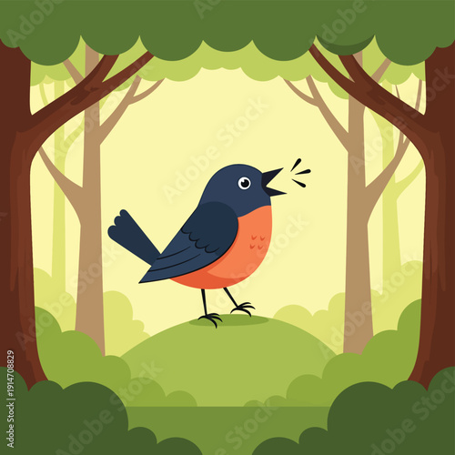 Bird Singing in Forest Glade
