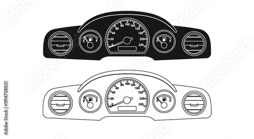 Detailed illustration of two car dashboard instrument panels in black and white
