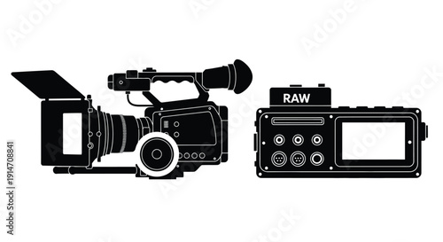 Black silhouette of a professional video camera with recording device