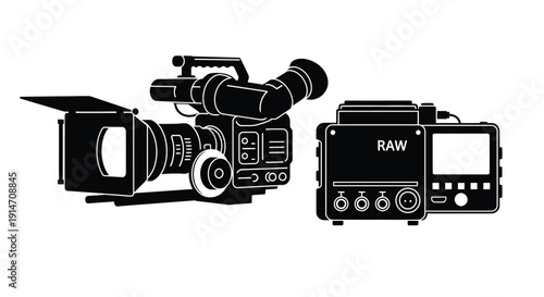 Black and white illustration of a professional video camera and recorder