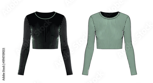Two long sleeved ribbed crop tops one black and one mint green