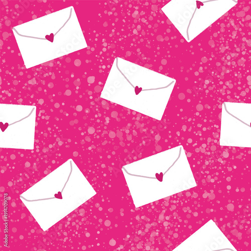 Letters with hearts and splashes seamless pattern hand drawn. White messages on pink.