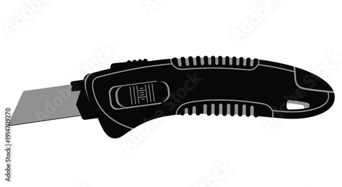 A black utility knife with a retractable blade shown in a studio setting