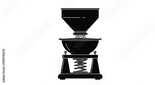 A minimalist black and white illustration of a manual coffee grinder