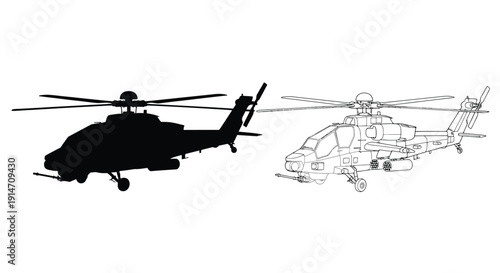 Two helicopters depicted in silhouette and outline side view