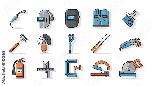 Collection of welding and industrial tools in flat design