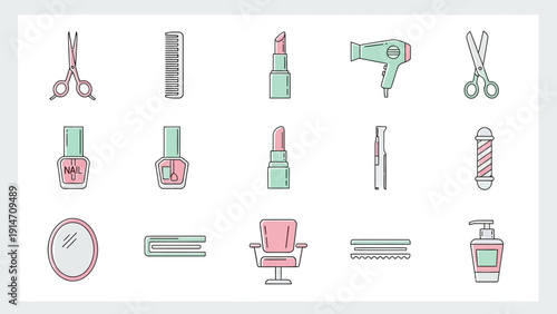 Beauty and salon icons set with scissors, lipstick, and hairdryer.