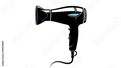 Stylized black hair dryer icon with blue accents on a white background.