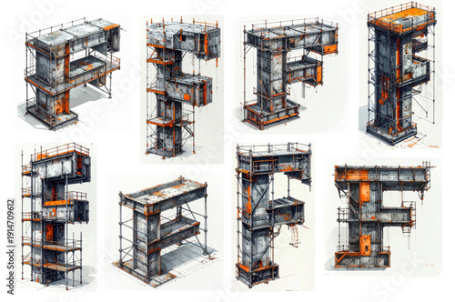 Scaffolded steel letter F construction sketch gray orange