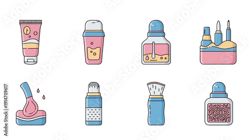 Set of flat line beauty and skincare product icons on white background.