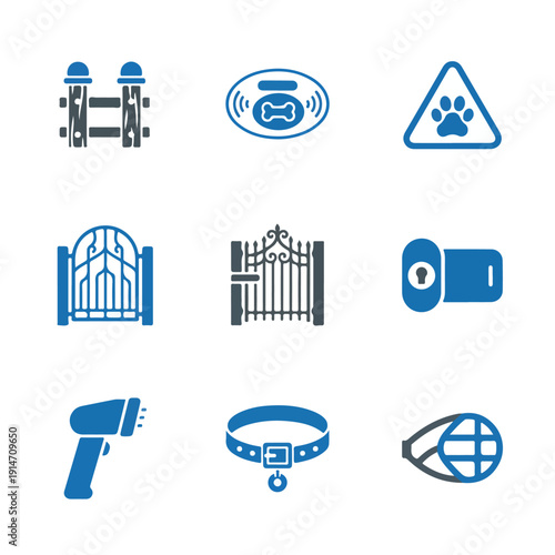 A collection of monochrome vector icons depicting elements such as fence posts, pet accessories, security devices, and various domestic items.