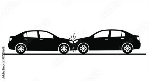 Two black cars facing each other with damage to the front ends