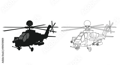 Two apache helicopters depicted in silhouette and line art styles
