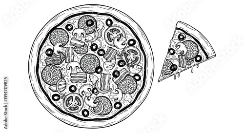 Hand drawn illustration of a pepperoni pizza with mushrooms and a missing slice