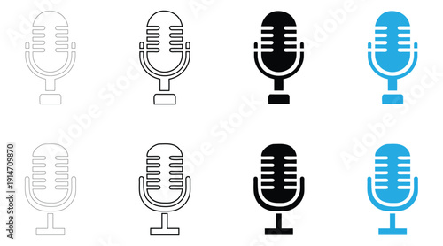 microphone icon vector set, audio podcast, audio record icon symbol vector, silhouette and line art illustration