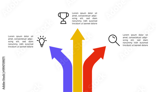 Multi direction arrow infographic showing strategic choices and growth paths. Colorful arrows pointing upward for business decision making, strategy planning, brainstorming, performance direction, and