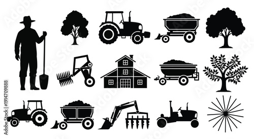 Black silhouettes depicting farming equipment trees and a farmer