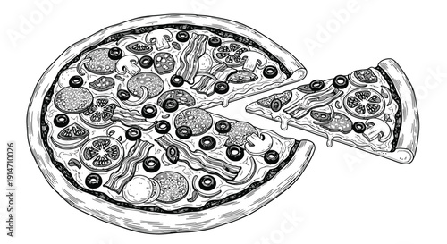 A detailed sketch of a pepperoni pizza with a slice removed
