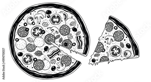 A black and white illustration of a pizza with various toppings and a slice removed