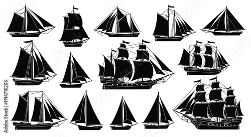 Collection of vintage sailing ships depicted in a black and white style