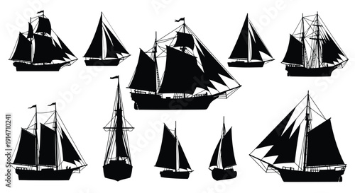 Collection of vintage sailing ships in a black and white illustration