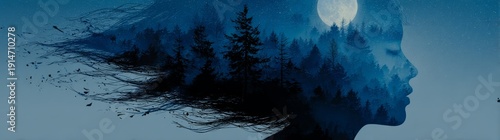 Silhouette of a head with moon and forest beneath a starry sky, imagination, nightscape
