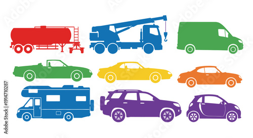 Colorful silhouettes of various vehicles including trucks cars and an rv